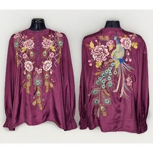 Johnny Was Workshop XL Purple Silk Peacock Quito Blouse Embroidery Button V Neck